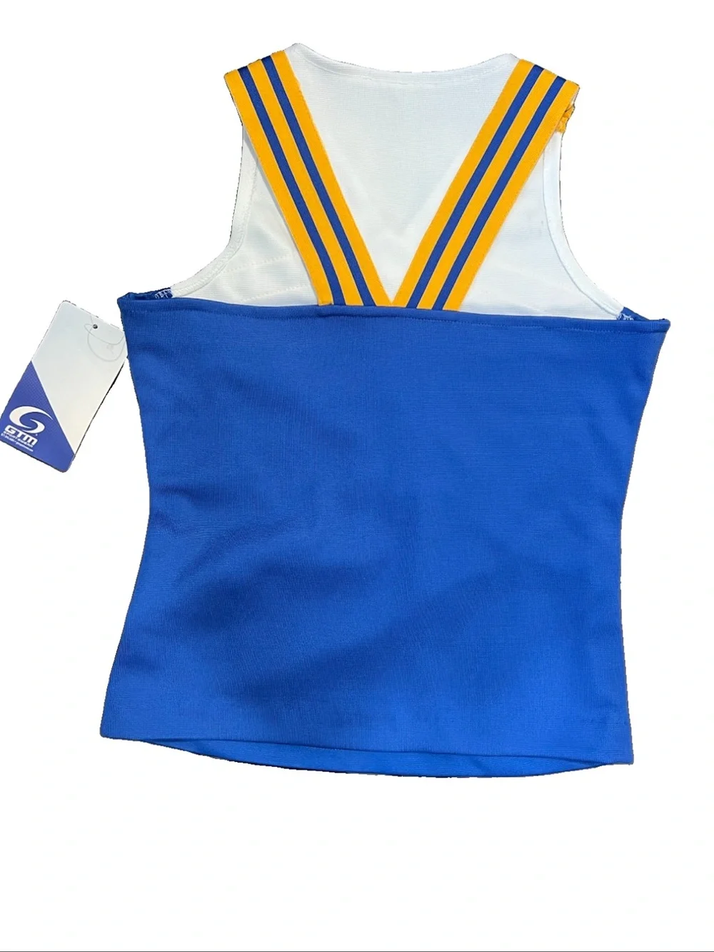 NWT Youth Medium GTM Cheerleading Shell Top V-Neck Sleeveless Blue/White/Yellow